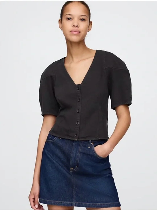 GAP Brown Button-Front V-Neck Short Sleeve Top - Picture 3 of 3